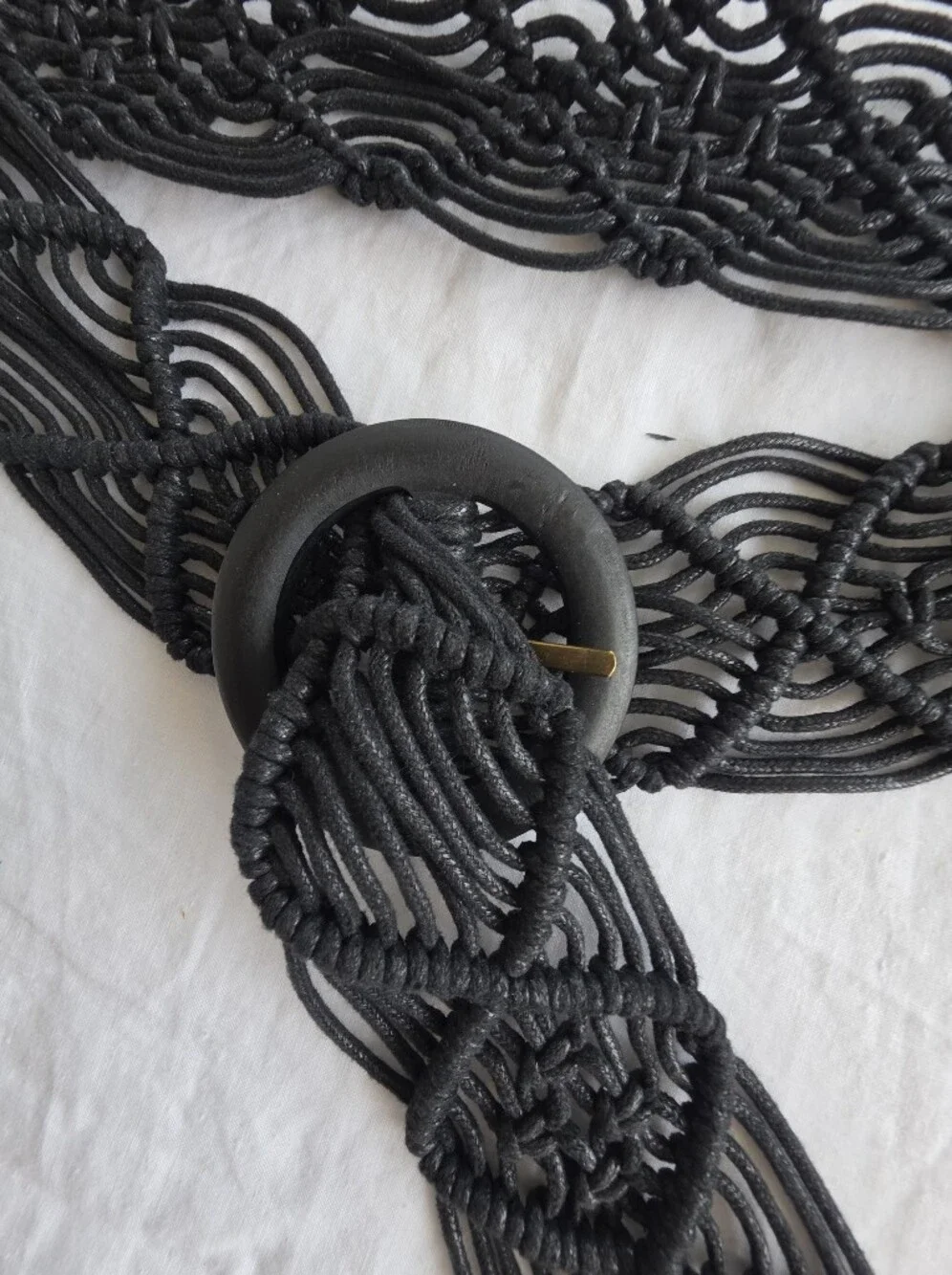 Black Macramé Waist Belt with Circular Buckle 59 Inches Long